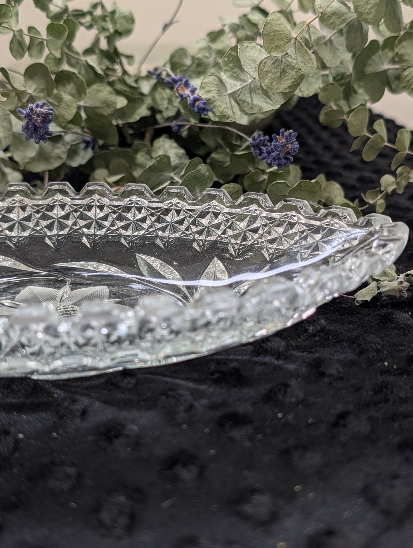 Vintage Crystal Glass Dish - Oval with Floral Etching