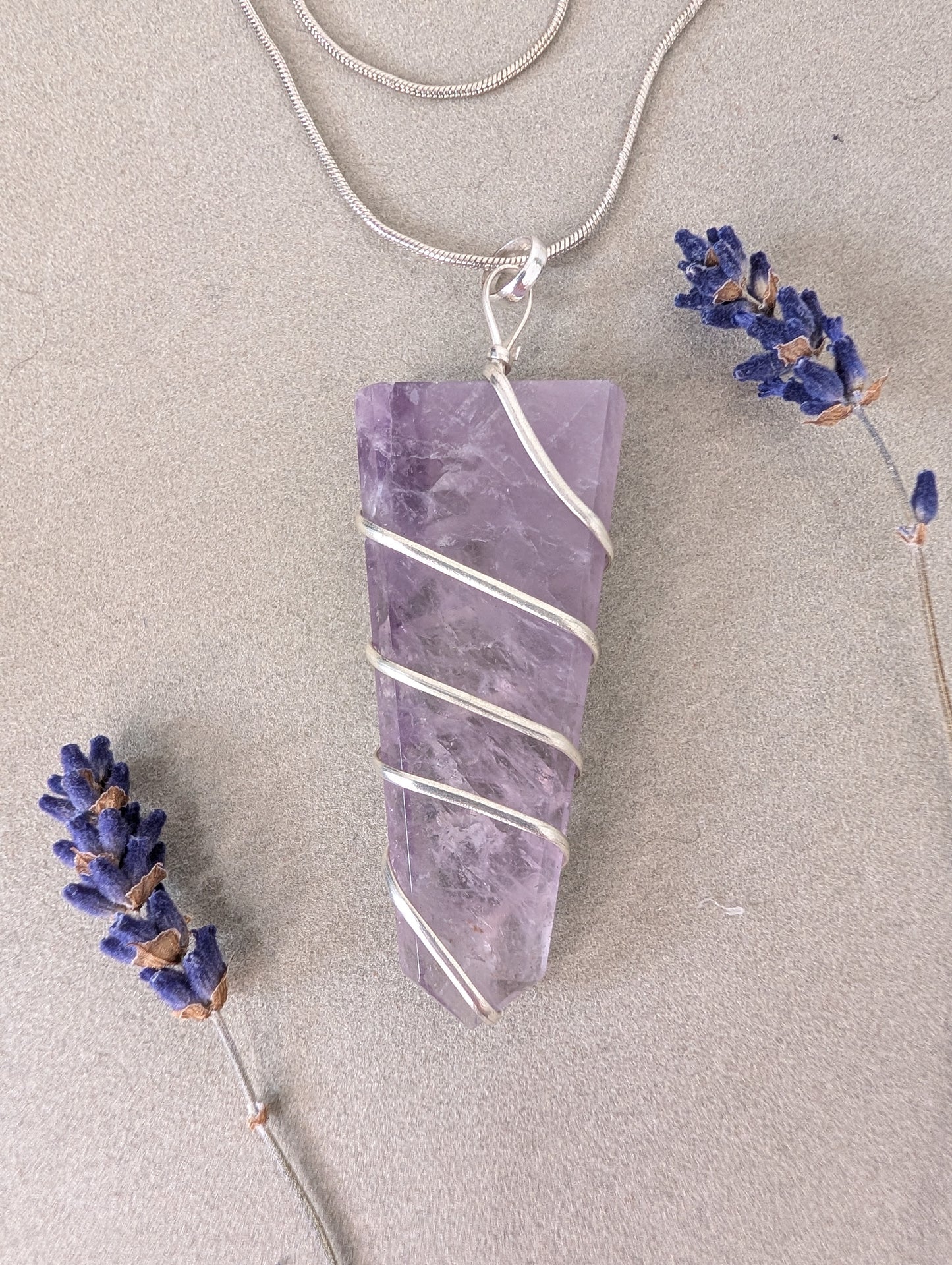 Amethyst Wire Wrapped Pendant | Stainless Steel Chain