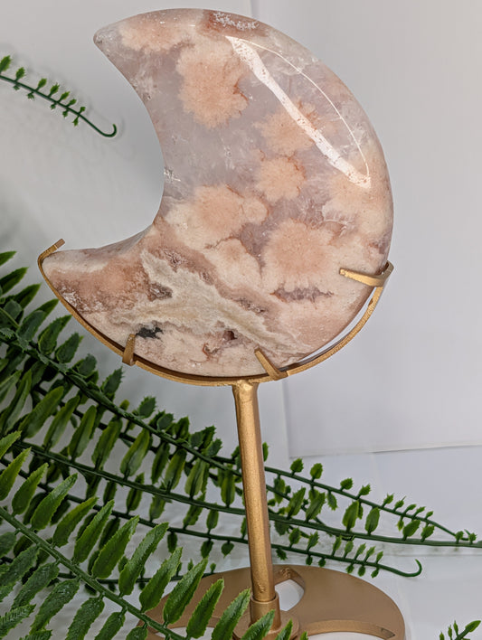 Pink Amethyst & Flower Agate Moon on Gold Stand