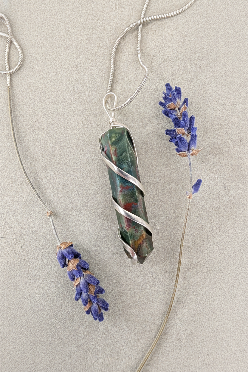 Dragon's Blood Jasper wire wrapped pendant showing deep green with red inclusions in silver spiral wrap on stainless steel snake chain, styled with dried lavender