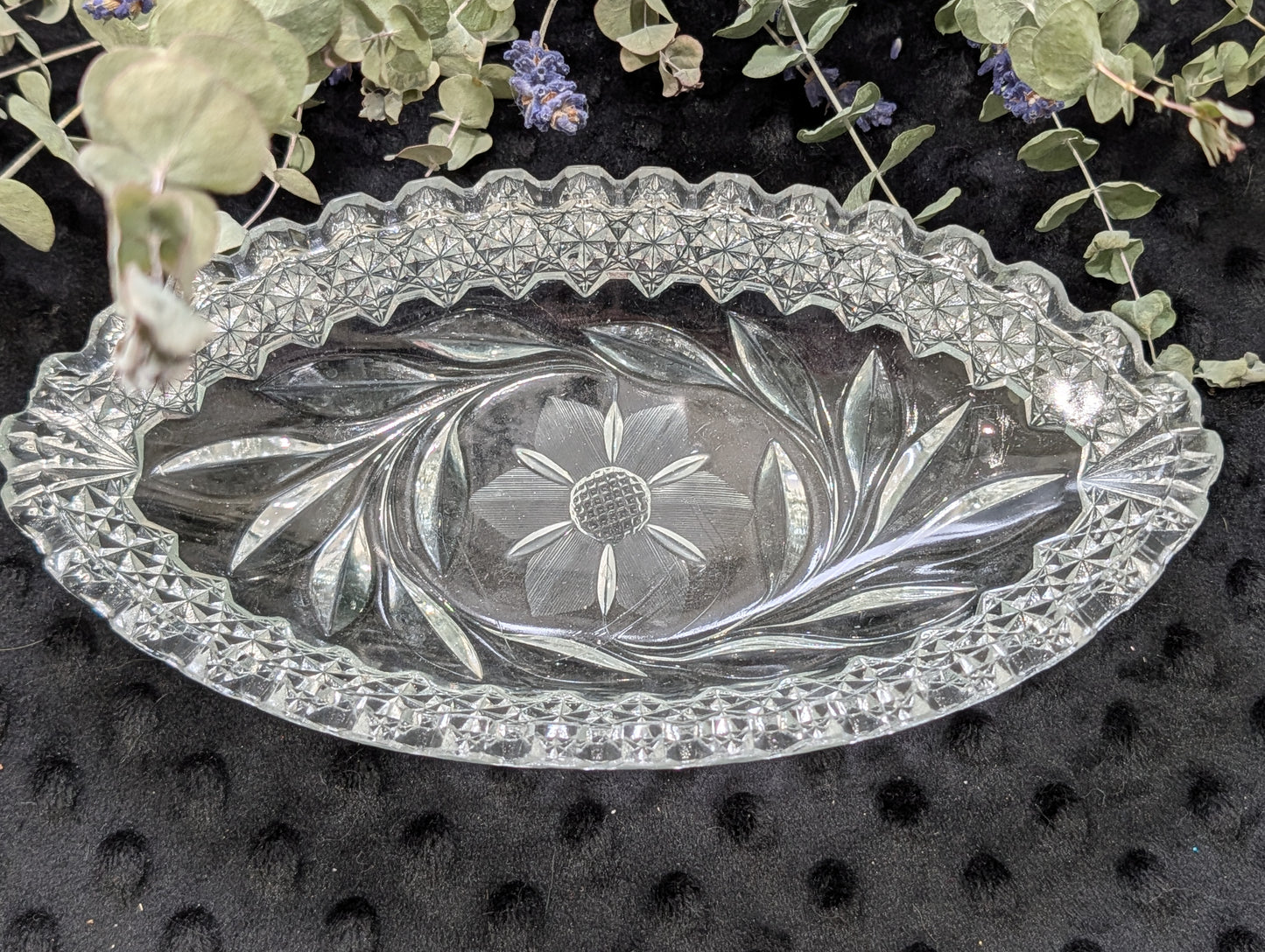 Vintage Crystal Glass Dish - Oval with Floral Etching