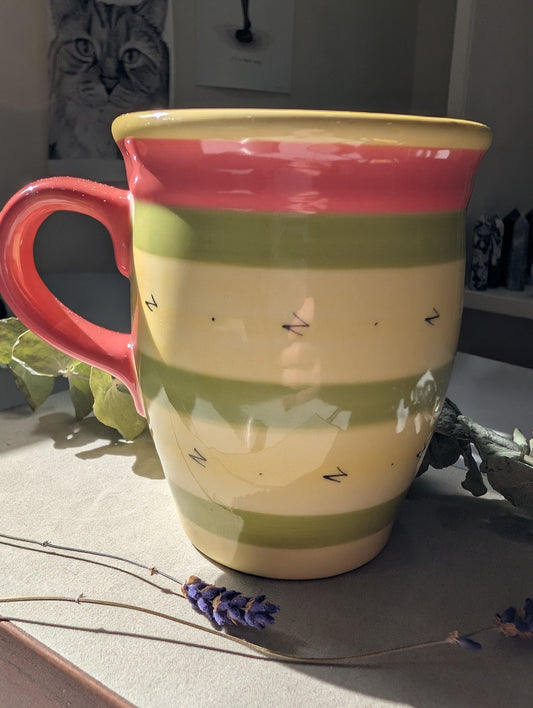 Striped Ceramic Mug | Sage Green, Cream & Pink | Thrifted