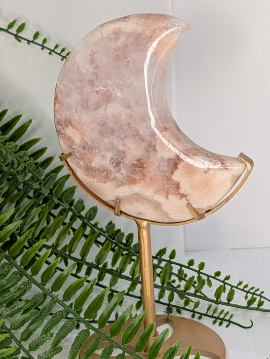 Pink Amethyst & Flower Agate Moon on Gold Stand