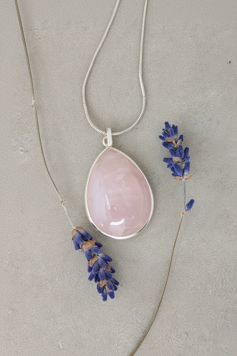 Rose quartz teardrop pendant in sterling silver bezel on stainless steel snake chain, styled with dried lavender